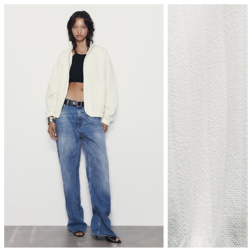 NWT. Zara White Oversized Textured Full Cut Bomber Jacket. Size XS-S.